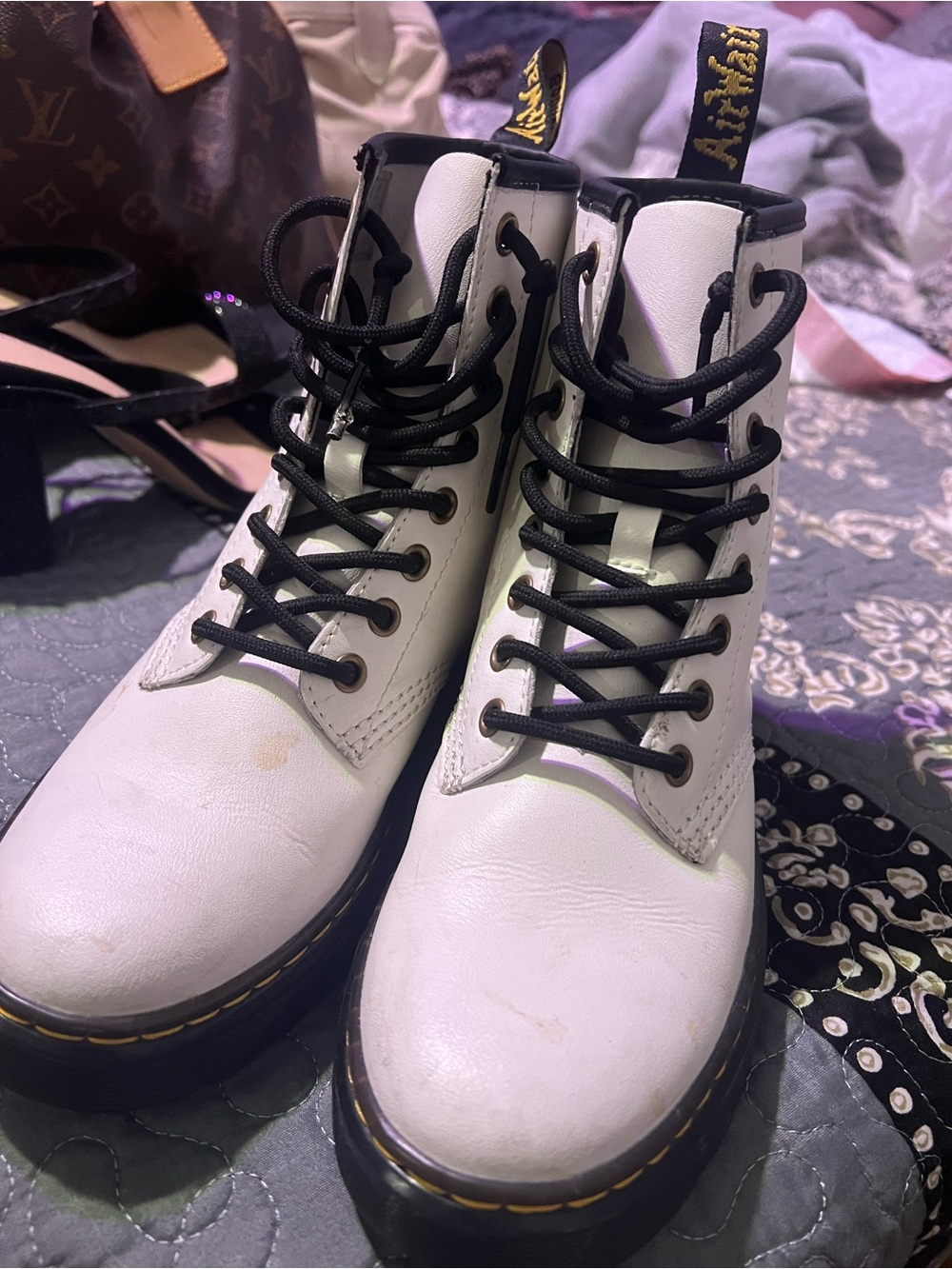 Doc Marten Air Walk White Lace-Up Combat Boots with Black Trim